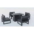 LeisureMod Chelsea 5-Piece Middle Patio Chairs and Fire Pit Table Set Black Aluminum With Cushions