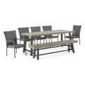 GDF Studio Tahiti Outdoor Acacia Wood and Wicker 7 Piece Dining Set with Bench Gray and Black