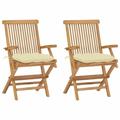 Anself Set of 2 Wooden Garden Chairs with Cream White Cushion Teak Wood Foldable Outdoor Dining Chair for Patio Balcony Backyard Outdoor Indoor Furniture 21.7in x 23.6in x 35in