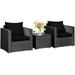 Patiojoy 3 Pieces Patio Rattan Furniture Conversation Set with 2 Cushioned Sofas & Coffee Table for Outdoor Black