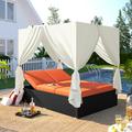 Patio Daybed Outdoor Wicker Furniture Set with Four-Sided Canopy and Overhead Curtains Outdoor Sofa Set w/Adjustable Seat for Patio Deck Poolside Garden Backyard