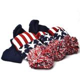 3PCS Knitted Golf Head Covers 1-3-5 for Driver and Fairway Woods with Long Neck Design Vintage Red Stars and Stripes American Flag Sock Pom Pom Golf Club Patriotic Headcovers Set