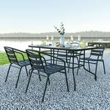 Emma + Oliver 5 Piece Patio Table & Chairs Set with 31.5 x55 Rectangular Metal Table with Tempered Glass Top and 4 Black Aluminum Stacking Chairs