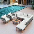 ikayaa 9-Piece Outdoor Patio Garden Wicker Sofa Set Gray PE Rattan Sofa Set with Wood Legs Acacia Wood Tabletop Armrest Chairs with Beige Cushions