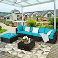 6PCS Outdoor Patio Rattan Furniture Set Cushioned Sectional Sofa Turquoise