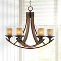 Franklin Iron Works Mahogany Wood Finish Chandelier 27 1/2 Wide Rustic Curving Clear Outer Scavo Inner Glass 6-Light Fixture Dining Room