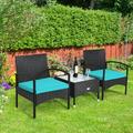 Gymax 3 PCS Patio Wicker Rattan Furniture Set Coffee Table & 2 Rattan Chair w/ Cushion Turquoise