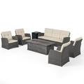 GDF Studio Nikki Outdoor Wicker 7 Seater Chat Set with Fire Pit Beige Dark Brown and Gray Wood