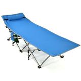 Folding Camping Cot Heavy-Duty Outdoor Cot Bed w/ Side Storage Pocket Blue