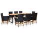 Dcenta 9 Piece Outdoor Dining Set Acacia Wood Desktop Steel Legs Dining Table and 8 Chairs with Cuhsion Black Poly Rattan Sectional Patio Conversation Set Garden Backyard Balcony Furniture