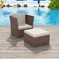 Dcenta Patio Garden Chair with Stool and Removable Cushions Set Brown Poly Rattan Armrest Chair and Footrest Outdoor Balcony Backyard Furniture