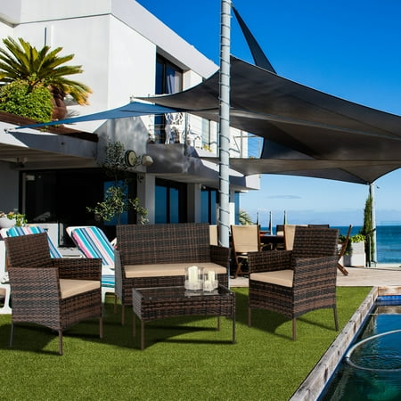 4 Piece Outdoor Patio Furniture Set PE Rattan Wicker Chair Set Sectional Furniture Bistro Set with Cushions and Tea Table Wicker Conversation Set for Backyard Lawn Porch Garden Poolside B428