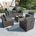 Gotland 7 Piece Outdoor Patio Furniture Sets Outdoor Furniture Patio Sectional Sofa All Weather Woven Wicker Patio Sofa Brown PE Rattan Patio Conversation Set (Grey)