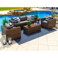 Tuscany 4-Piece L Resin Wicker Outdoor Patio Furniture Conversation Sofa Set with Three-seat Sofa Two Armchairs and Coffee Table (Half-Round Brown Wicker Sunbrella Canvas Charcoal)