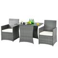 Patiojoy 3PCS Patio Rattan Furniture Set Outdoor Wicker Table & Chair Set w/Cushions White