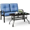 Blue 2PC Patio LoveSeat Coffee Table Furniture Set Bench W/ Cushions