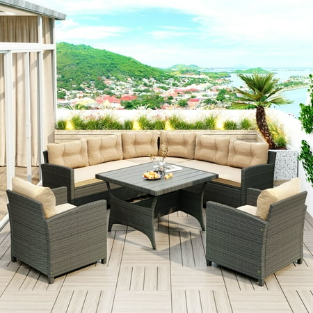 SYNGAR 6 Piece Outdoor Wicker Sofa Sets Patio Conversation Sofa Sets with Dining Table All Weather Rattan Sectional Furniture Set with Beige Cushions for Garden Backyard Deck Poolside D7040