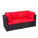 Kinbor 2pcs Outdoor Patio Rattan Wicker Furniture Sectional Sofa Set with Red Cushions