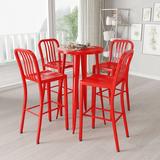 Merrick Lane 5 Piece Outdoor Dining Set in Red with 24 Round Table and 4 Slatted Back Bar Stools with Footrests