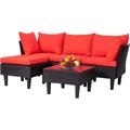 Patio Furniture Sets 5 Pieces Outdoor Wicker Conversation Set Sectional Sofa Rattan Chair for Outdoor Backyard Porch Poolside Balcony Garden Furniture with Coffee Table Red Cushion