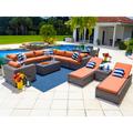 Tuscany 19-Piece Resin Wicker Outdoor Patio Furniture Combination Set with Sectional Set Round Dining Set and Chaise Lounge Set (Half-Round Gray Wicker Sunbrella Canvas Tuscan)