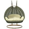 LeisureMod Beige Rattan Wicker Double 2 Person Egg Swing Chair with Stand Beige Cushion