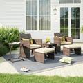 OC Orange-Casual 6 Piece Patio Wicker Furniture Set Rattan Outdoor Chairs with Beige Cushioned Ottoman Resin Nesting Table Modern Design Brown