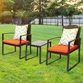 Outdoor 3-Piece Discussion Bistro Set Black Wicker Furniture-Two Chairs with Glass Coffee Table Orange