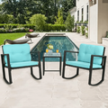 3-Piece Rocking Bistro Set Outdoor Rattan Wicker Chair with Thickened Cushion & Glass Coffee Table Modern Wicker Patio Furniture Garden Porch Conversation Sets for Porch Lawn Blue