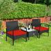 Gymax 3 PCS Patio Wicker Rattan Furniture Set Coffee Table & 2 Rattan Chair w/ Cushion Red