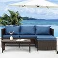 Waroom Outdoor Furniture Set 3 Pieces Conversation Chairs and Coffee Table Navy Blue Cushions
