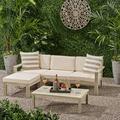 Faviola Ana Outdoor 3 Seater Acacia Wood Sofa Sectional with Cushions Light Gray and Cream