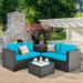 Gymax 4PCS Cushioned Rattan Patio Conversation Set w/ Side Table Turquoise Cushion