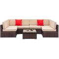 XGeek Patio Furniture Sets Rattan Patio Furniture Fully Equipped Weaving Rattan Sofa Set with 2pcs Corner Sofas & 4pcs Single Sofas & 1 pcs Coffee Table Brown Gradient