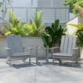 BizChair 2 Pack Commercial All-Weather Poly Resin Wood Adirondack Chairs with Side Table in Gray