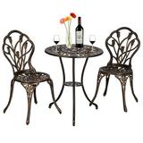 [US IN STOCK] European Style Cast Aluminum Outdoor 3 Piece Tulip Bistro Set of Table and Chairs Bronze