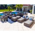 Sorrento 18-Piece Resin Wicker Outdoor Patio Furniture Combination Set in Gray w/ Sofa Set Eight-seat Dining Set and Chaise Lounge Set (Flat-Weave Gray Wicker Sunbrella Canvas Taupe)