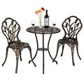 Patio Bistro Table Set 3 Piece Outdoor Cast Aluminum Table and Chairs with 2 Umbrella Hole for Garden Balcony Backyard Pool Bronze