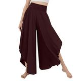 Wide Leg Pleated Pants Plain Color Casual Fitted Asymmetrical Hem Long Pleated Pants for Women Lady Dark Red M