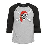 Shop4Ever Men s Pirate Skull and Crossbones Pirate Flag Raglan Baseball Shirt XXX-Large Heather Grey/Black