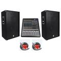 2) Rockville RSG15 15â€� 3-Way 3000w DJ/Pro Audio PA Speakers+Powered Mixer+Cables