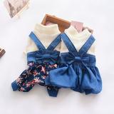 Shulemin Pet Dress Bowknot Design Breathable Cotton Puppy Denim Overalls for Spring Solid Color