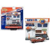 PACK OF 2 - 1970 Dodge Coronet Super Bee Brown with White Top and Union 76 Interior Service Gas Station Facade Diorama Set Johnny Lightning 50th Anniversary 1/64 Diecast Model Car