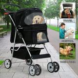 4 Wheels Pet Stroller Foldable Dog Stroller Cat Stroller with Storage Basket & Removable Liner Travel Lite Foldable Carrier Strolling Cart for Dogs Cats Black