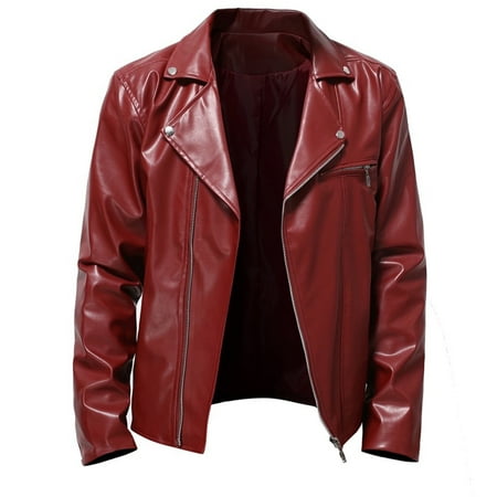 TIHLMK Mens Jacket Vintage Stand Collar Men s Leather Plus Fleece Jacket Motorcycle Jacket Warm Leather Jacket Red