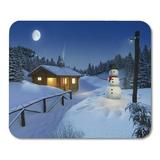 KDAGR Blue House Cozy Log Cottage in Winter Scene Snowman Christmas Lights and Big Moon Sky Holiday Mousepad Mouse Pad Mouse Mat 9x10 inch