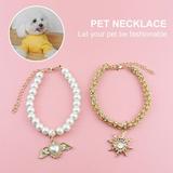 Visland Rhinestones Dog Collar and Pearl Dog Necklace Set Adjustable Neck Strap Bling Full Diamond Crystal Cute Pearl Dog Collar for Small Girls Cats Puppy Accessary for Wedding Birthday Party