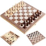 Meterk 3-in-1 Multifunctional Wooden Chess Set Folding Chessboard Game Travel Games Chess Checkers Draughts and Backgammon Set Entertainment Educational Toys
