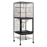 56.5 Inch Wrought Iron Wire Bird Parrot Rolling Cage With Bottom Storage Shelf Lockable Casters Acrylic Pet Birds Cage Flight Cage Suitable For Small Medium Sized Birds Canary Macaw Cockato
