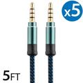 5x 3.5Mm Male To Male Audio Cable by FREEDOMTECH 5FT Universal Auxiliary Cord 3.5mm Male to Male Round Braided Audio Aux Cable w/Aluminum Connector for iPods iPhone iPads Galaxy Home Car Stereos